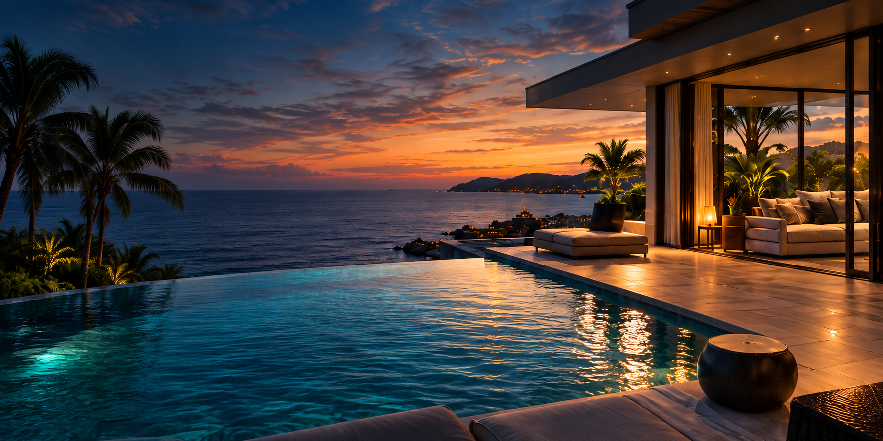 Residência de alto luxo com piscina de borda infinita, vista para o mar e pôr do sol
